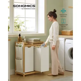 Songmics Wäschekorb 2 Fächer, Bambus, Wäschesammler 100 L, mit Ablage - Weiß