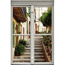 Wandsticker QUEENCE "Treppe am Haus", bunt, T:0,1cm, Wandtattoos, Wandsticker, Wandbild, selbstklebend, 3D, Fenster
