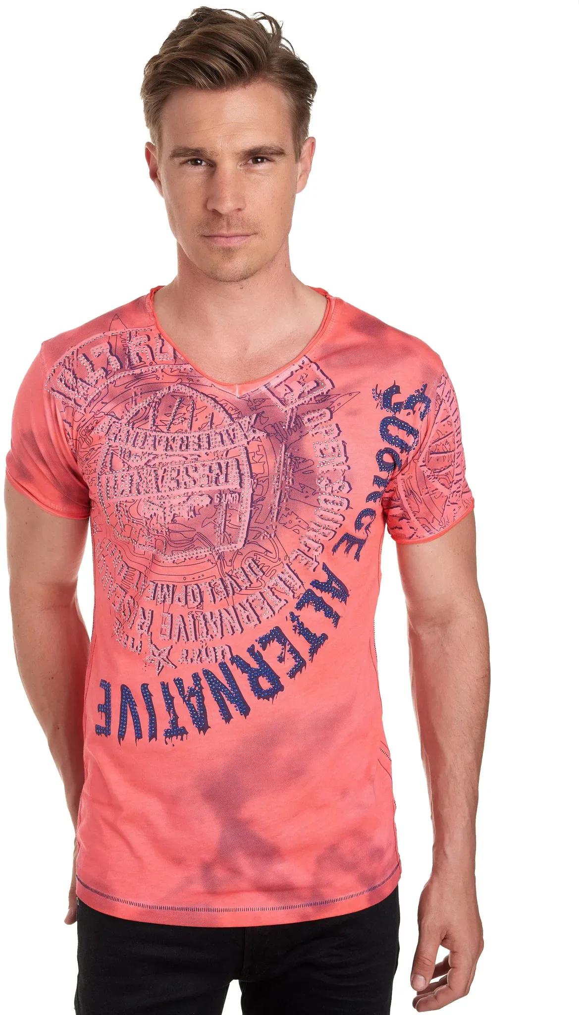 T-Shirt RUSTY NEAL, Herren, Gr. L, orange (koralle), 100% Baumwolle, bedruckt, normal, V-Ausschnitt, Shirts T-Shirt, mit Strasssteinen und Frontprint
