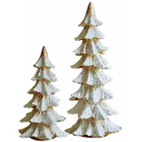 Loberon Deko-Baum 2er Set Norbury, Zwei Größen, Winterliche Gestaltung, Detailreiche Schnee-Optik, Weihnachten, Weihnachtsdeko, Polyresin, weiß/Gold