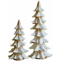 Loberon Deko-Baum 2er Set Norbury, Zwei Größen, Winterliche Gestaltung, Detailreiche Schnee-Optik, Weihnachten, Weihnachtsdeko, Polyresin, weiß/Gold