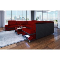 Sofa Dreams Wohnlandschaft Polstersofa Couch Stoff Sorrento U Form Stoffsofa, mit LED, ausziehbare Bettfunktion, USB-Anschluss, Designersofa rot|schwarz