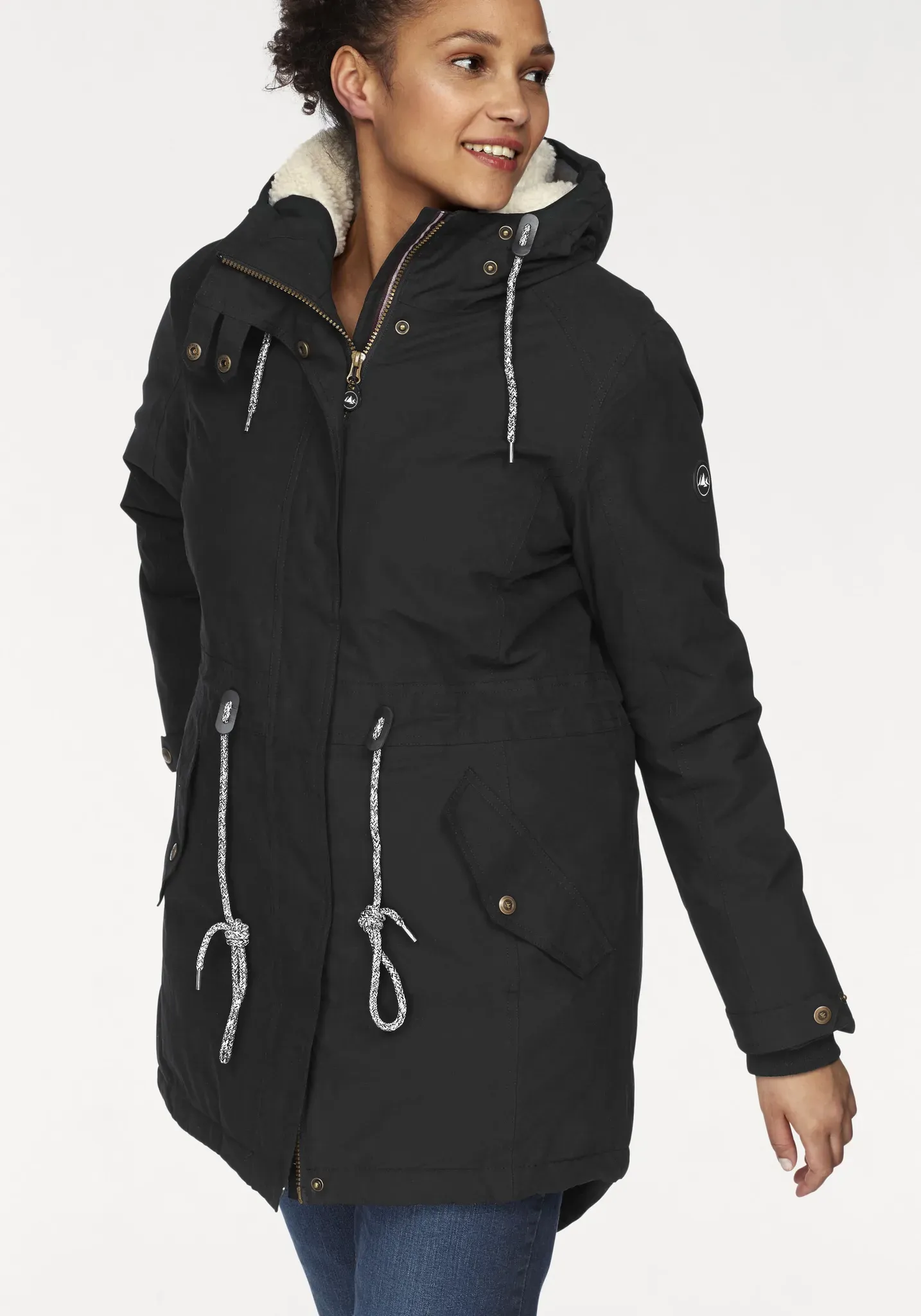 Funktionsparka POLARINO, Damen, Gr. 44, schwarz, Web, Obermaterial: 54% Polyester, 46% Baumwolle. Futter: 100% Polyester. Futter Rückenteil: 100% Polyester. Wattierung: 100% Polyester, Fellimitat, Windstopperbündchen mit Druckknöpfen,verstellbar, Jacken, Obermaterial wasser-/winddicht & atmungsaktiv, verschweißte Nähte