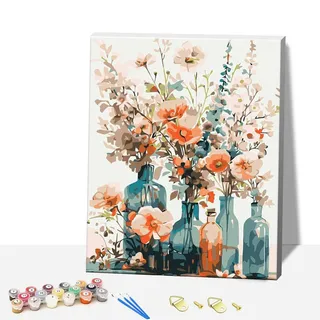 Formeyart Blumen Malen Nach Zahlen Erwachsene mit Rahmen,Vase Paint by Numbers Adults,Diy Malen Nach Zahlen klein Set Handgemalt Kreativ Bastelset für Geschenk Heimdekoration. (Blume)