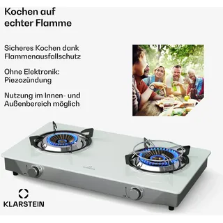Klarstein Barzona Gaskochfeld, 2-Brenner Edelstahl & Glas, 7,7kW, Tragbarer Campingkocher mit Piezo-Zündung & Flammenausfallsicherung, Kompaktes u... - Weiß