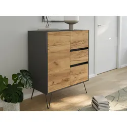 Sideboard Kommode Rauk 80cm 3 Greifraum SoftClose 1 Tür Grafit/Eiche Front