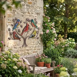 Harms Import Wanddeko Wandobjekt Flur Wohnzimmer Garten Vögel Bunt lackiert Eisen L 66 cm