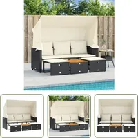 Outdoor-Sofa 3-Sitzer mit Dach und Hockern Schwarz Poly-Rattan - Gartensofa - Outdoor-Sofa - Lounge Set - Rattan Möbel - Gartenmöbel - The Living