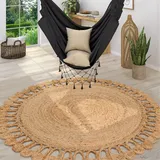 Paco Home Teppich Rund Wohnzimmer Jute Boho Ethno Muster Modern Handgefertigt Natur-Teppich, Grösse:80 cm Rund, Farbe:Natur 5