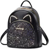 DORRISO Rucksack für Damen Süßer Katze Rucksack für Mädchen Mini Leicht Rucksack Anti Dieb Cityrucksack Reise Leder Wasserdicht Schulrucksack Damen für Freizeit Büro Urlaub Einkaufen Schwarz
