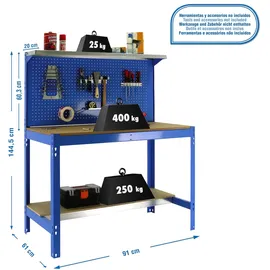 Simonrack Werkbank 400 kg Belastbarkeit, 144,5x91x61 cm, Große Arbeitsfläche Arbeitsfläche, Arbeitstisch, Holz-Arbeitsplatte, Blau/Holz - BT3