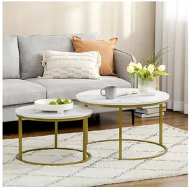 Homcom 2er-Set Couchtisch, Runder Beistelltisch, Kaffeetisch mit Stahlgestell in Gold, stapelbar Sofatisch mit Marmoroptik, für Wohnzimmer, bis 30 kg belastbar, Weiß