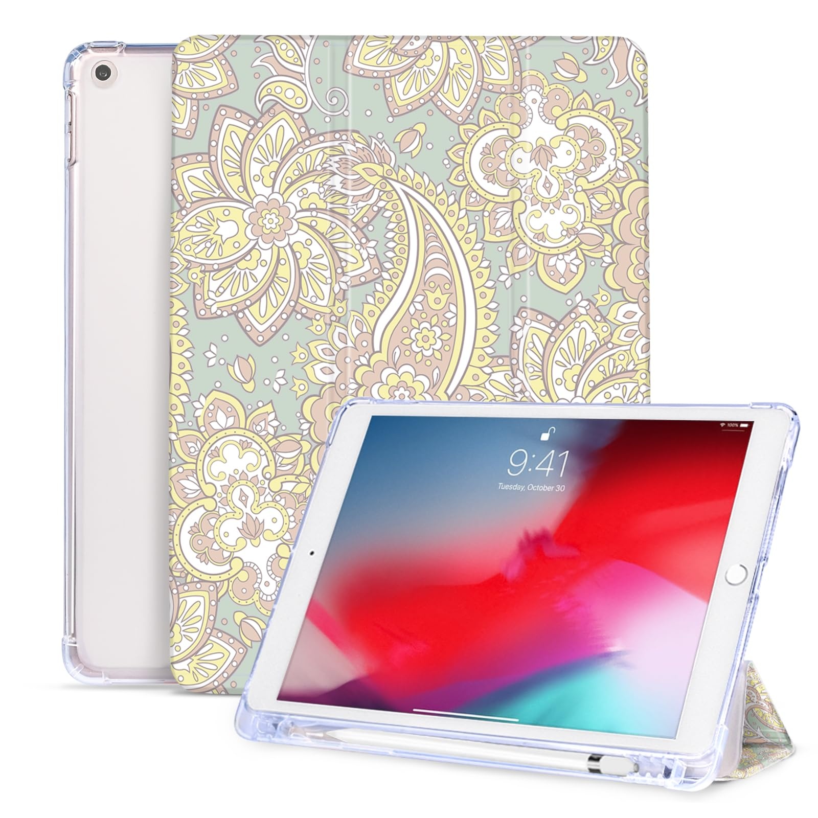 Vozehui 10.2 Zoll Hülle für iPad 9th/8th/7th Generation Hülle mit Bleistifthalter, Blumen Series Tri-Fold Ständer Auto Wake/Sleep Schutzhülle mit Klarer Rückschale für iPad 10.2 Zoll 2021/2020/2019