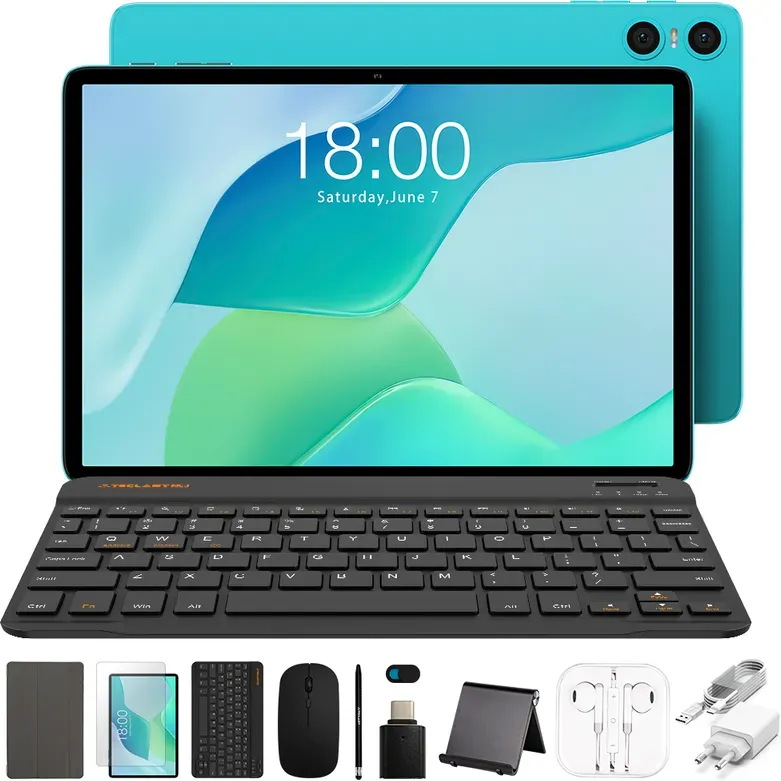 Teclast P33 Case Neues Tablet – Android 15, 10,1 Zoll IPS-Display mit 1280×800 Auflösung, Allwinner A333 Fünf-Kern-Prozessor, 9 GB* (3 GB + 6 GB virtuelle Erweiterung) RAM + 64 GB Speicher, WiFi-Verbindung, 6000 mAh Akku mit Type-C-Ladung, Dual-HD-Kameras (5 MP Rückkamera + 2 MP Frontkamera). Inklusive Schutzhülle, Bluetooth-Tastatur, Bluetooth-Maus, Tablet-Ständer, Ladegerät, Datenkabel, Eingabestift, Kopfhörer, OTG-Adapterkabel und Kameraschutzabdeckung.