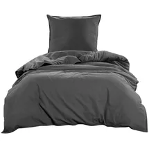 Wometo Bettwäsche Renforce Stone-Washed 155x220 & 80x80 100% Baumwolle - dunkelgrau OEKO-TEX weich modern Used-Look Leinen-Optik