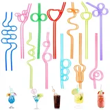 Trinkhalme mit Knoten Curly, 24 Stück Strohhalm Wiederverwendbar, Bunt Cocktail Strohhalme, PET Curly Trinkhalm, für Geburtstagsfeier, Saft-Dekoration, Cocktails,10 Farben, 12 Formen
