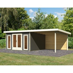 Karibu Holz Gartenhaus Set "Radeburg 3" mit Anbaudach und Rückwand,terragrau,3,7 x 3,7 m (B x T)