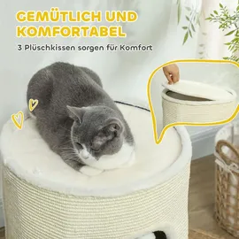 PawHut Kratztonne, 69 cm Hoch Katzentonne mit 2 Höhle, Spielball, Teilbarer Kratzbaum, Katzenturm für Katzen bis 5 kg, Cremeweiß - Weiß