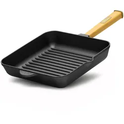 BRIZOLL Grillpfanne 28 cm Gusseisen Holzgriff Bratpfanne Pfanne Feuerpfanne Induktion