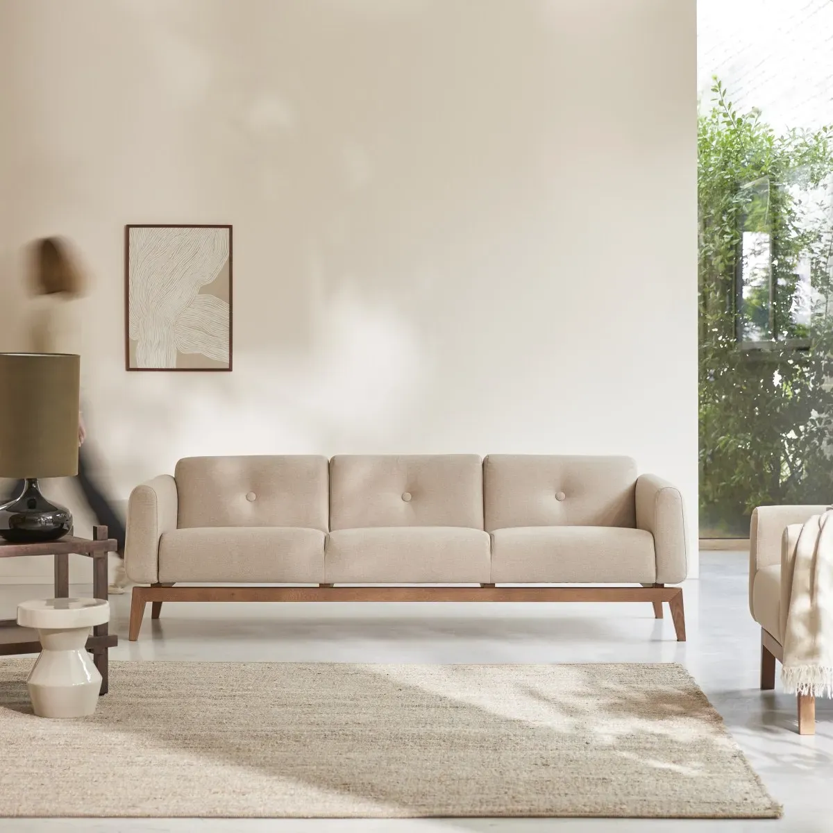3-Sitzer-Sofa Bjorn aus massiver Eiche und ecrufarbenem Stoff