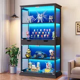 Jocoevol Vitrine mit Glastüren, 174cm Hoch Vitrinenschrank, 4-Lagen Glasvitrine Stehend mit RGB LED Beleuchtung & APP, Sensor, 2 Schubladen, Sammlervitrine für Wohnzimmer, Schwarz