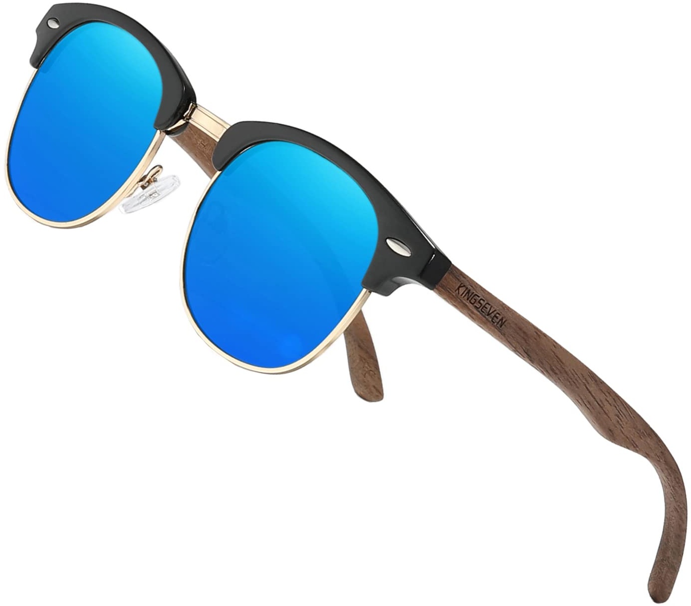 KINGSEVEN Holz Halbrandlose Polarisierte Sonnenbrille Herren & Damen Brillen Klassisches Retro Vintage Design N5516 (Blau) - M