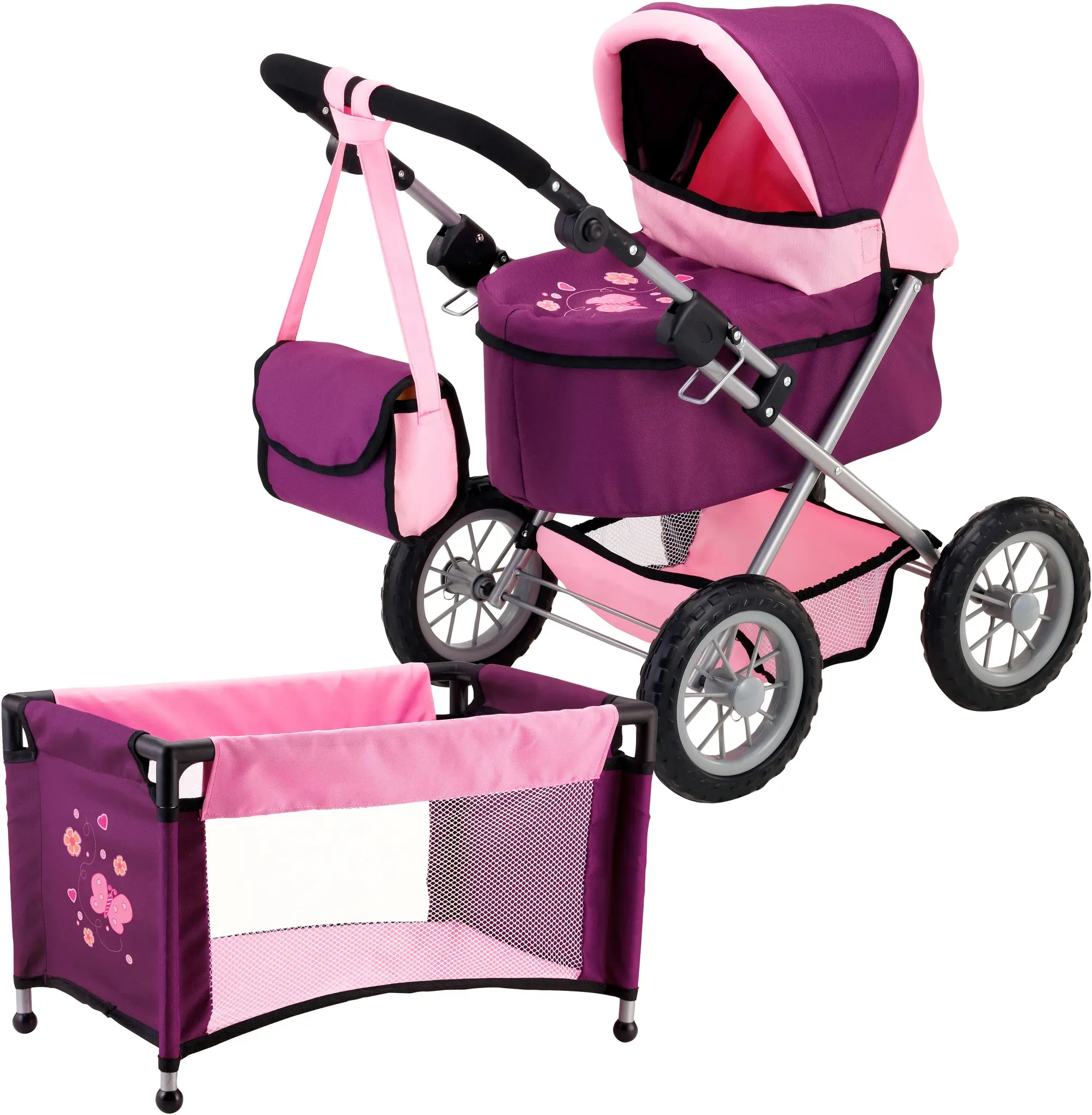 Puppenwagen BAYER "Trendy", lila (schmetterling lila), Puppenwagen, KinderB:41cm H:68cm T:67cm, Kunststoff, Metall, Polyester, inklusive Puppen-Reisebett und Umhängetasche, B:41cm H:68cm T:67cm