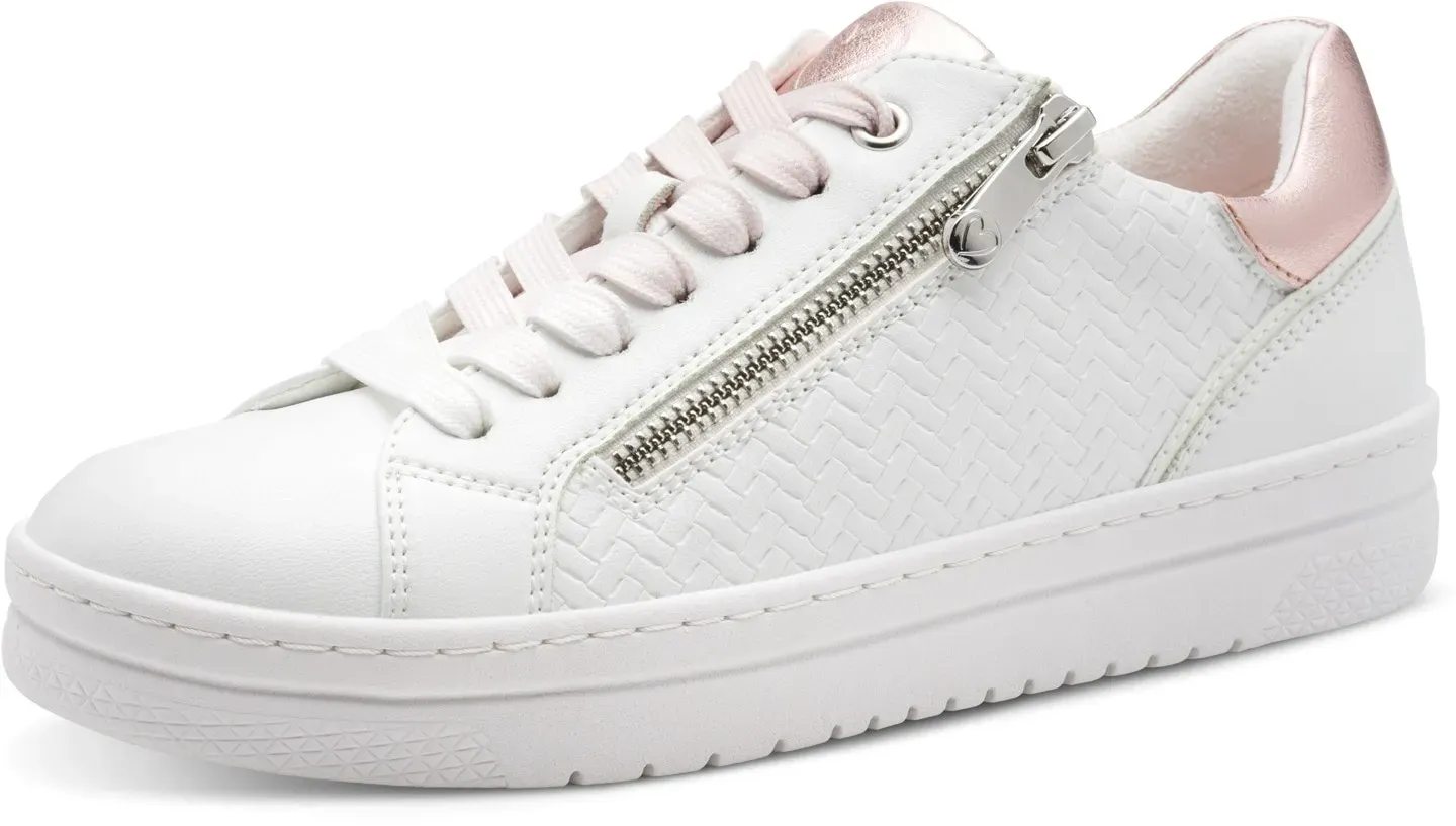 Plateausneaker MARCO TOZZI, Damen, Gr. 37, weiß, puder, Lederimitat, unifarben mit Farbeinsatz, Schuhe Plateausneaker, Freizeitschuh, Halbschuh, Schnürschuh in veganer Verarbeitung