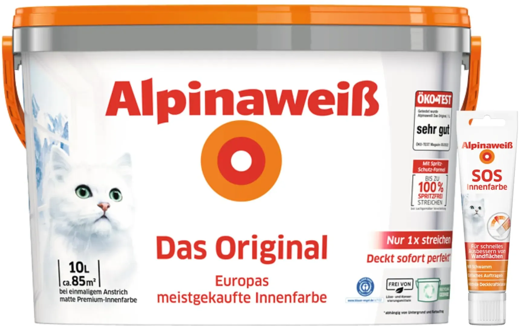 Alpinaweiß Das Original – optimal deckende und ergiebige weiße Wandfarbe– mit Spritz-Schutz-Formel – inkl. SOS Innenfarbe - 10 Liter