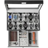 KILHS Uhrenbox für 12 Uhren,2-stöckige Watch Box mit Glasdeckel & Schublade,Uhrenbox Herren mit Schlüsselschloss – Perfektes Männergeschenk für Ringe,Manschettenknöpfe & Uhren,Schwarz & Grau