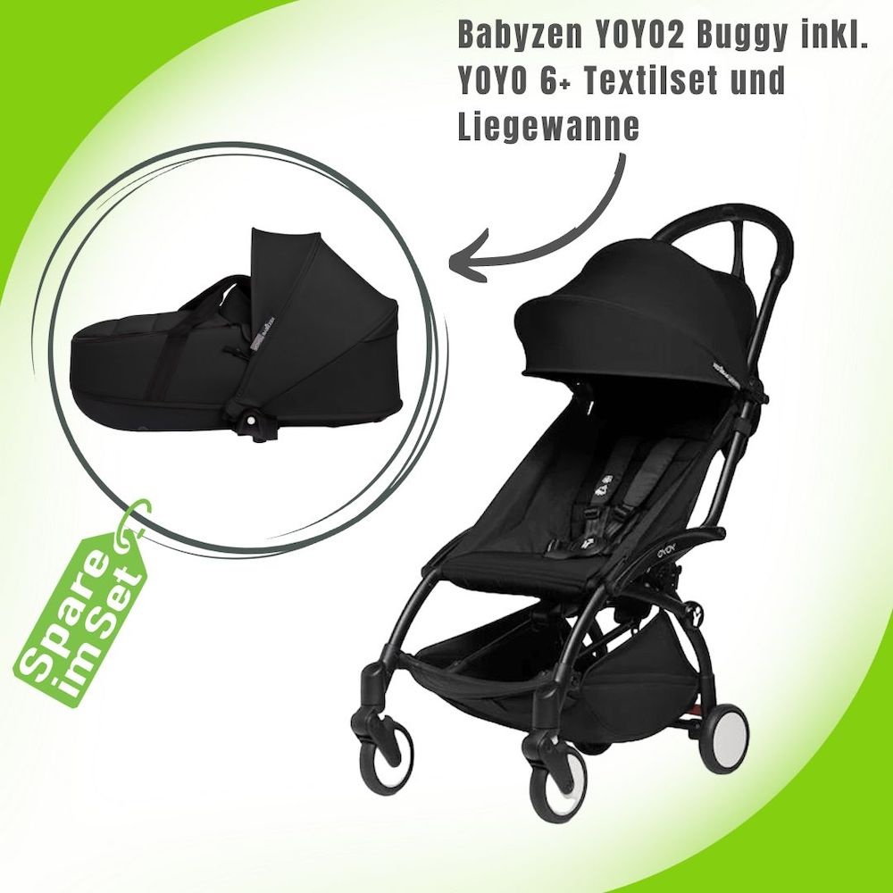 Babyzen YOYO2 Buggy inkl. YOYO 6+ Textilset und Liegewanne / Kombikinderwagen, Gestellfarbe: Schwarz, Bezugfarbe: Aqua