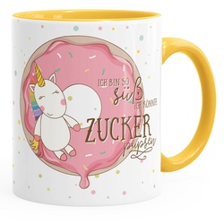 MoonWorks Tasse Tasse mit Innenfarbe Einhorn auf Donut Ich bin so süß ich könnte Zucker pupsen Unicorn mit Innenfarbe MoonWorks®, Keramik gelb