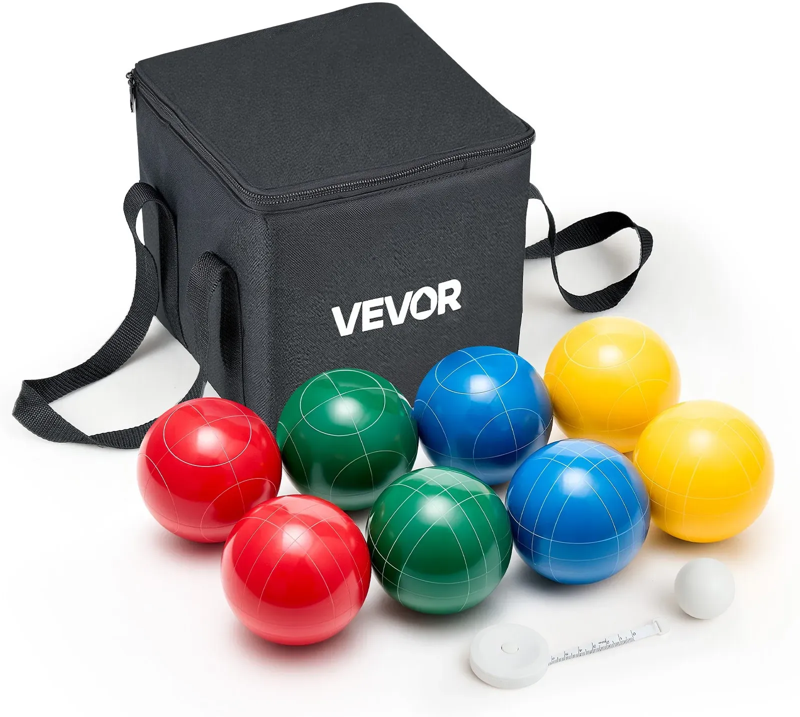 VEVOR Boccia Set mit 8 Harzkugeln (107 mm) & Kügelchen &Tragetasche (schwarz) & Messseil, Rot/Grün/Blau/Gelb, für 2 bis 8 Spieler, Boccia Spielset für Strand Rasen Familiengarten Outdoor