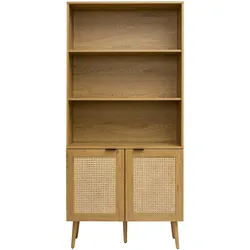 Bücherregal mit heller Holzoberfläche, Rattan und schwarzem Metall-Finish L90 MANILLE