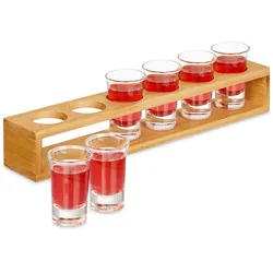 Relaxdays Schnapsbrett, mit 6 Schnapsgläsern, 4 cl, Schnapslatte aus Bambus, Geschenkidee, Schnapsglashalter, natur