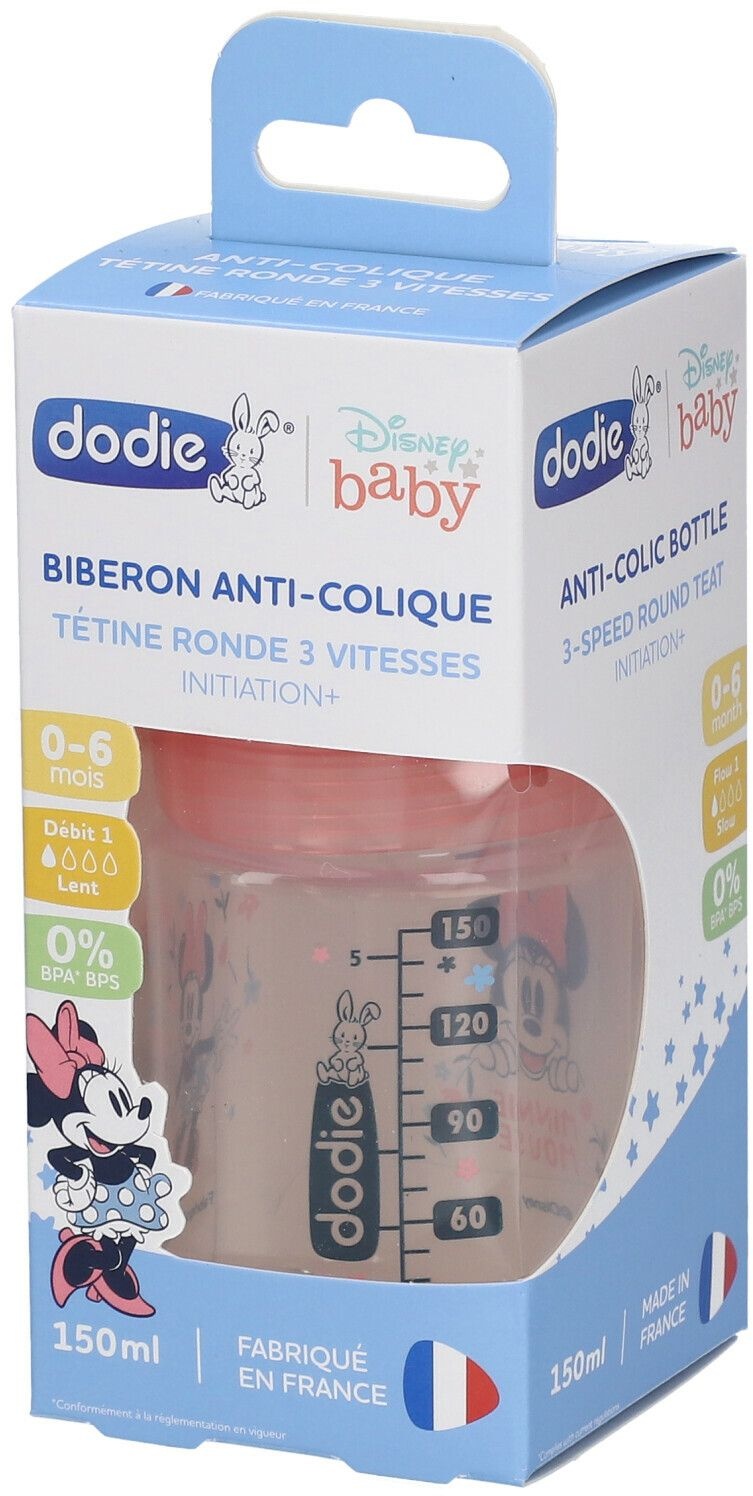 dodie® Biberon Initiation+ 150 ml anti-colique tétine ronde 3 vitesses Minnie Mickey Rose 0-6 mois 1 pc(s) Bouteilles