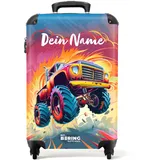 NoBoringSuitcases.com Kinderkoffer, Koffer Personalisiert, Kinderkoffer Jungen, Kinder Reisekoffer, Koffer Kinder Jungen, Trolley Kinder, Handgepäck Koffer 55x40x20 cm (Monstertruck - Orange-Rosa)