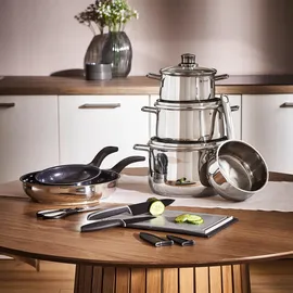 WMF Diadem Plus Topf-Set 6-tlg. 3 x Fleischtopf + 2 x Bratpfannen + Stielkasserolle inkl. Schneidebrett + 2 Messer + 1 Schere