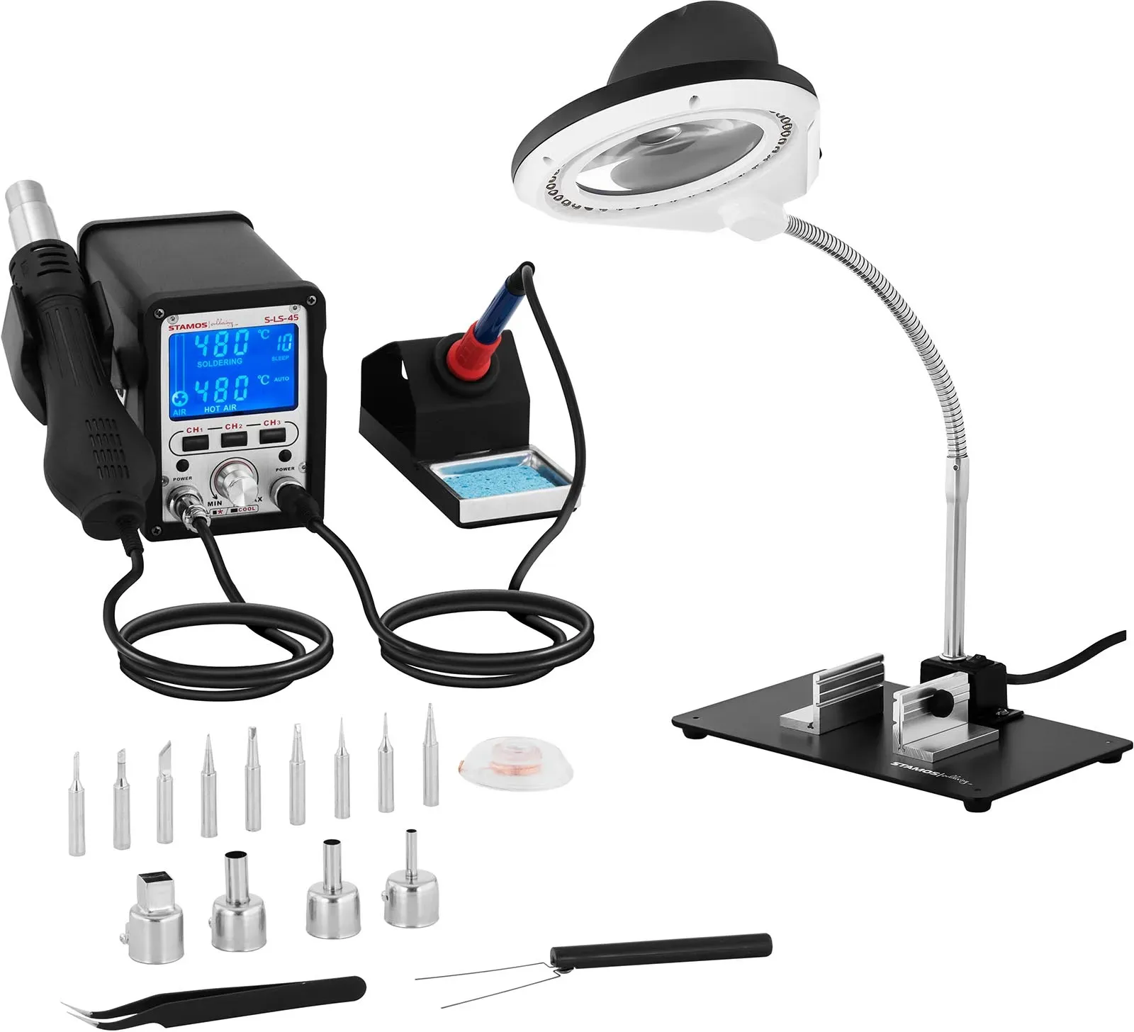 Stamos Soldering Set Lötstation digital - 70 W - Speichertasten + Zubehör + Vergrößerungslampe S-LS-45 S