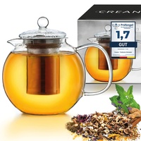 Creano Teekanne aus Glas 1,3l, 3-Teilige Glasteekanne mit Integriertem Edelstahl-Sieb und Glas-Deckel, Ideal zur Zubereitung von Losen Tees, tropffrei, All-in-One