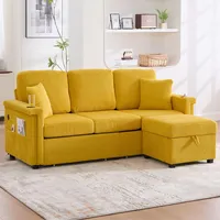 Merax 3-Sitzer Ecksofa L-Form mit Polsterhocker (inkl. Stauraum) und 2 Schubladen – Samtstoff-Couch mit bequemen Armlehnen, LED-Beleuchtung, USB-C-Port, Getränkehalter und Seitentaschen, Farbe: Gelb