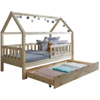 TICAA Kinderbett Hausbett Montessori Kay 90x200, 100x200 cm, 120x200 cm, 140x200 für Jungen & Mädchen mit Schubladen, Rausfallschutz & Rolllattenrost - aus Kiefer Massivholz für Kinderzimmer