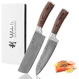Wakoli Edib Damastmesser-Set – Santoku (17 cm) & Nakiri (17,5 cm) Messer mit 67 Lagen Damaststahl & VG10 Kern | Profi-Küchenmesser mit Pakkaholzgriff