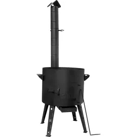 4big.fun Uchag 2mm Stahl Utschak mit Abzugsrohr Kazan 16L Grillfächer Schaumkelle Suppenkelle Utschak Utschag Kasan Feldküche Außenküche Eintopfofen Gulaschkanone