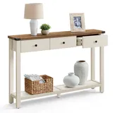 VASAGLE Konsolentisch, Beistelltisch, schmaler Sofatisch, mit 3 Schubladen und Einer Ablage, für Flur, Wohnzimmer, Landhausstil, honigbraun-vintageweiß LNT142WJ01