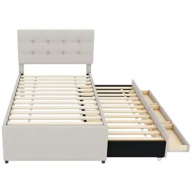 XDOVET Polsterbett, 90x200cm(90x190cm),Familienbett, Bett mit drei Schubladen, Ausziehbares Rollbett, Verstellbares Kopfteil