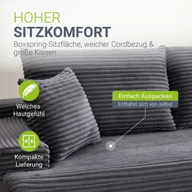 Juskys Eckcouch Cord 3-Sitzer Dunkelgrau