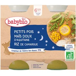 Babybio Kleines Gläschen Erbsen, Zuckermais aus Aquitanien, Reis aus der Camargue
