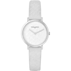Pierre Cardin Damen Armband-Uhr mit Marken-Kürzel-Print analoge Quarz-Uhr mit Leder-Armband 3ATM 31mm CBV.1501 Weiß/Silber - One-Size