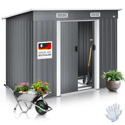 KESSER® - Gerätehaus L Metall 4 m3 mit Fundament   210x122x186 cm   2x Schiebetür & Fundament   Geräteschuppen   Gartenhaus Schrank   Pultdach Garten Schuppen   Inkl. Arbeitshandschuhe